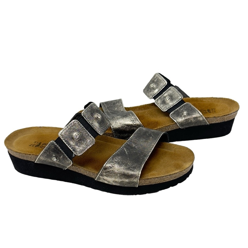 Naot Ashley Sandal Womens Size 37 US 6 Metallic Gray Leather Slide Cork Israel